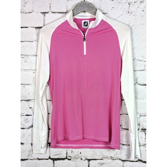 FJ FOOTJOY Women's 1/4 Zip Pullover Golf Shirt Pink White Striped UV Medium - Picture 1 of 9